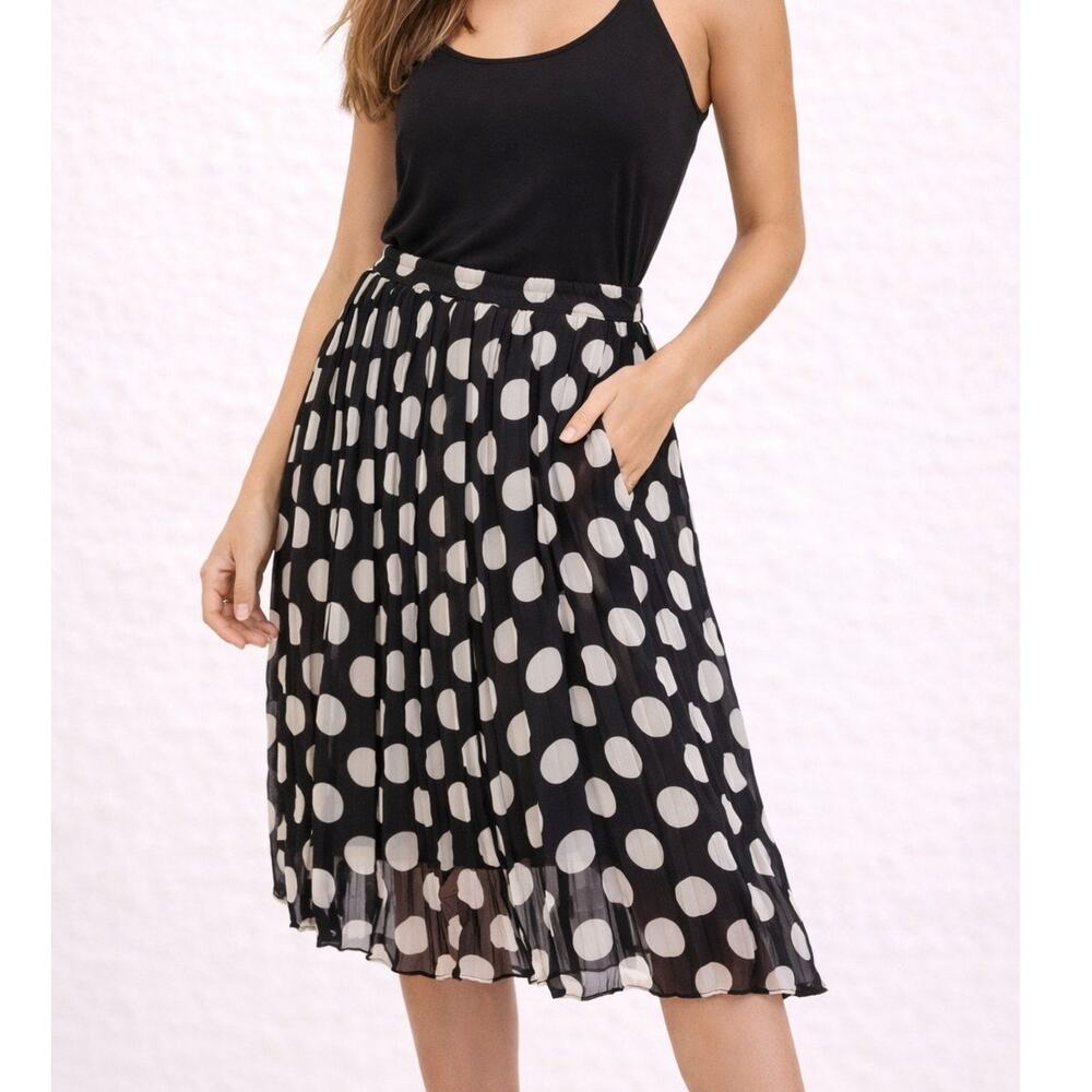 ABS black white polka dot pleated pull on skirt knee length small